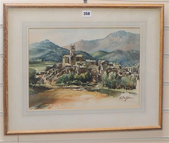 G. Draper, watercolour, Church and village in Southern France, signed, 28 x 39cm